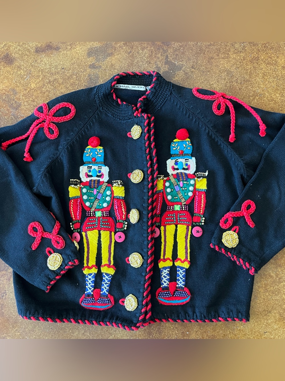 Vintage Michael Simon beaded Christmas nutcracker black cardigan
